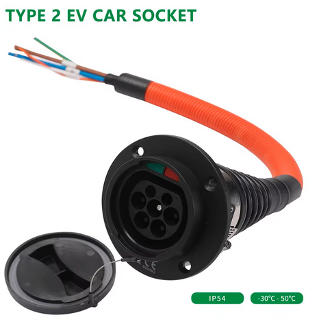 EVSE Type 2 Male Socket with Cable for Electric Vehicle Car side Charger IEC 62196 Type 2 Socket EV Charger Socket 32A 0.5meters